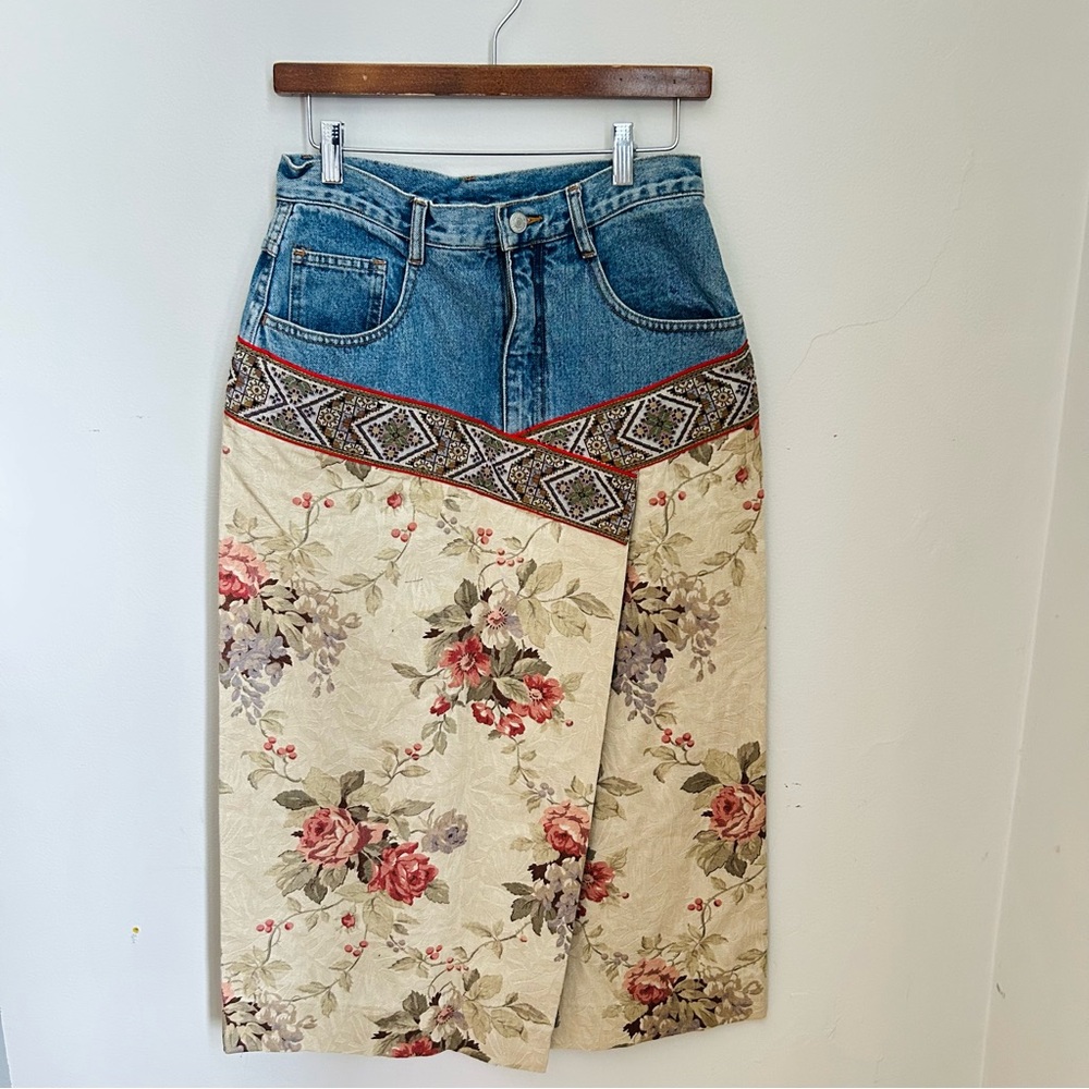 Vintage 90s Mixed Denim Maxi Skirt – Nonny - Jordache – Size 10 (Made in USA)